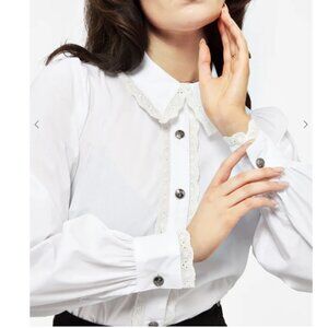 Disturbia Grace Lace Trim Button Up Shirt Womens US 8 White Puff Sleeves NWT